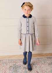 Thirleby Check Velvet Collar Button Detail Long Sleeve Dress in Camel (18mths-12yrs) Dresses from Pepa London US
