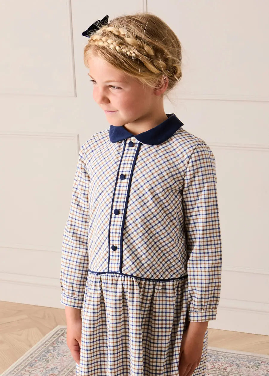 Thirleby Check Velvet Collar Button Detail Long Sleeve Dress in Camel (18mths-12yrs) Dresses from Pepa London US