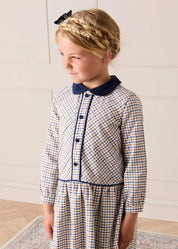 Thirleby Check Velvet Collar Button Detail Long Sleeve Dress in Camel (18mths-12yrs) Dresses from Pepa London US