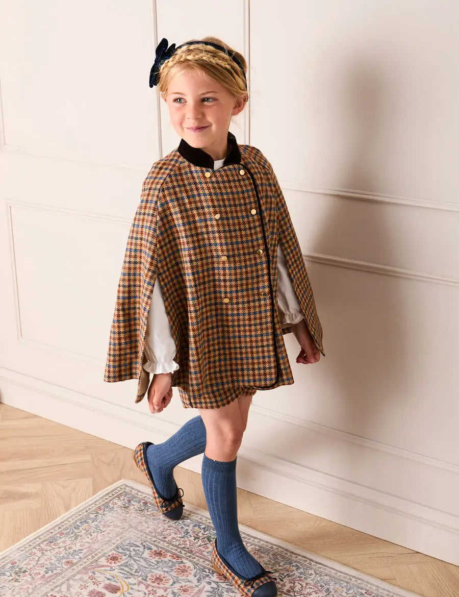 Vincent Check Velvet Collar Gold Button Detail Cape in Brown (2-8yrs) Coats from Pepa London US