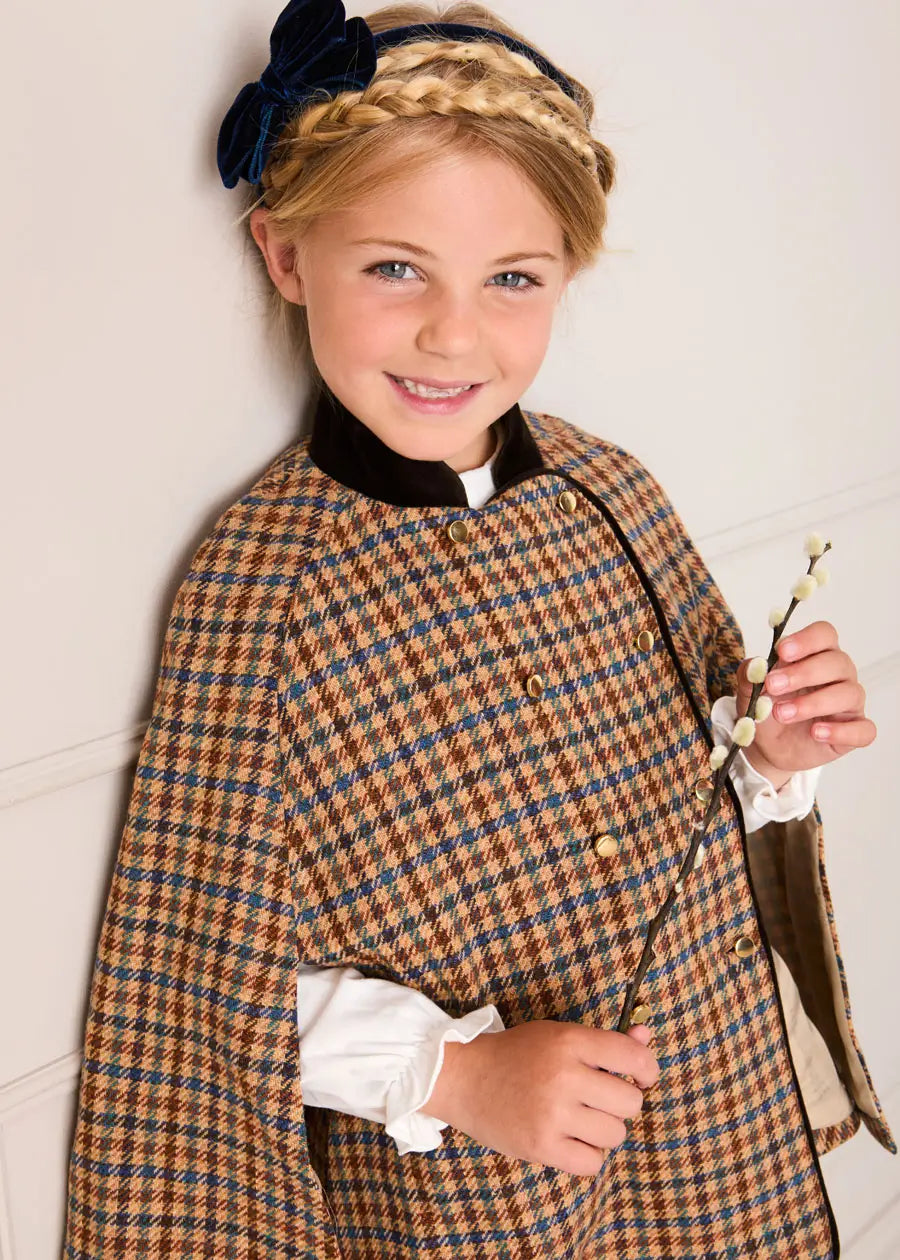 Vincent Check Velvet Collar Gold Button Detail Cape in Brown (2-8yrs) Coats from Pepa London US