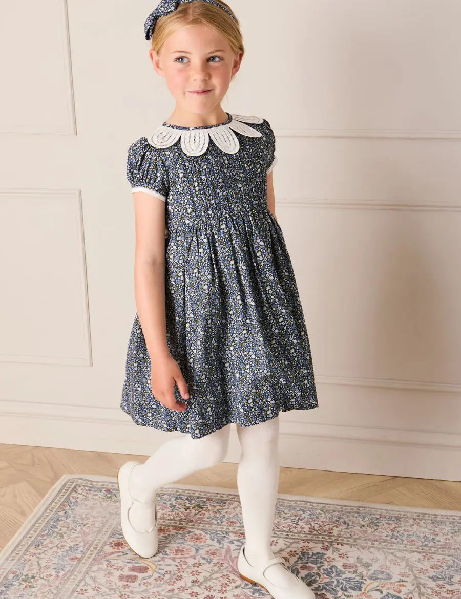 Lydia Floral Petal Collar Short Sleeve Bow Detail Dress in Blue (2-12yrs) Dresses from Pepa London US