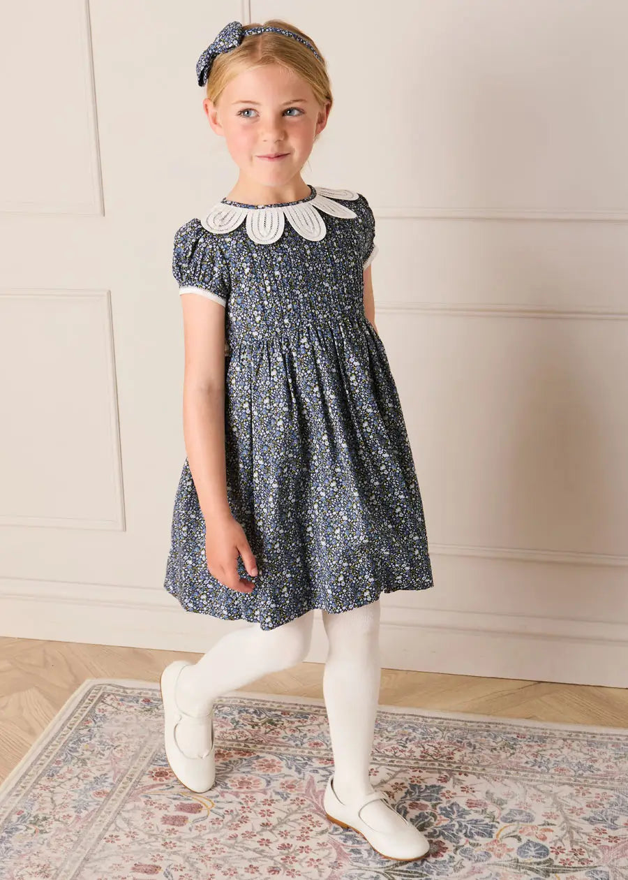 Lydia Floral Petal Collar Short Sleeve Bow Detail Dress in Blue (2-12yrs) Dresses from Pepa London US