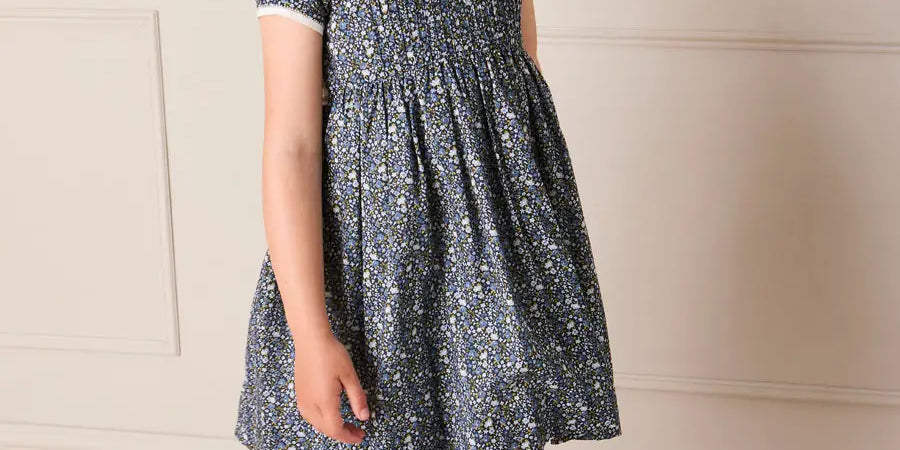 Lydia Floral Petal Collar Short Sleeve Bow Detail Dress in Blue (2-12yrs) Dresses from Pepa London US