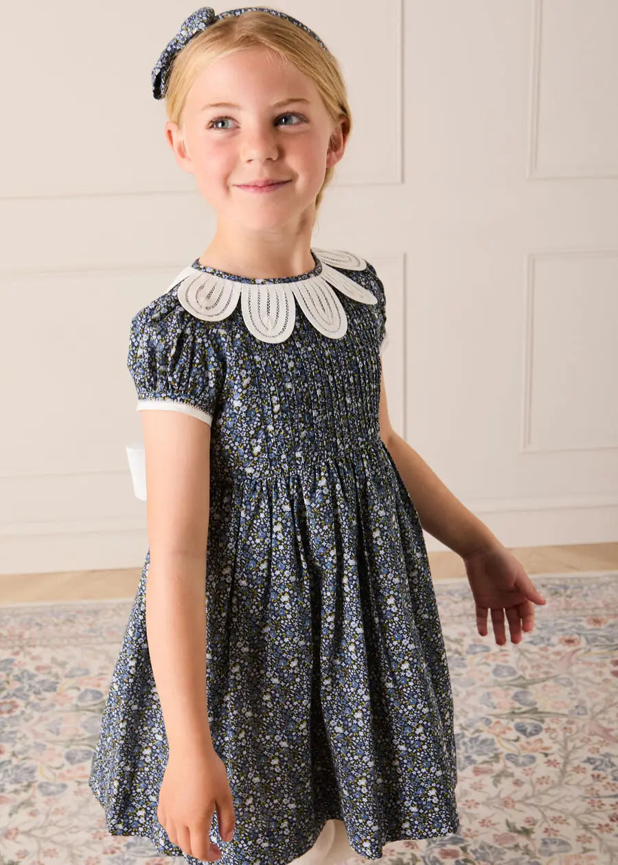 Lydia Floral Petal Collar Short Sleeve Bow Detail Dress in Blue (2-12yrs) Dresses from Pepa London US