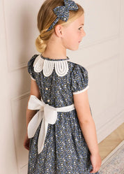 Lydia Floral Petal Collar Short Sleeve Bow Detail Dress in Blue (2-12yrs) Dresses from Pepa London US