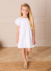 Flower Embroidered Broderie Anglaise Short Sleeve Dress in White (12mths-12yrs) DRESSES from Pepa London US
