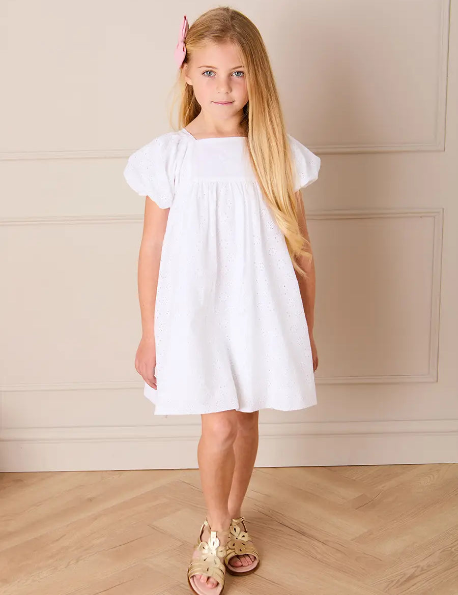 Flower Embroidered Broderie Anglaise Short Sleeve Dress in White (12mths-12yrs) DRESSES from Pepa London US