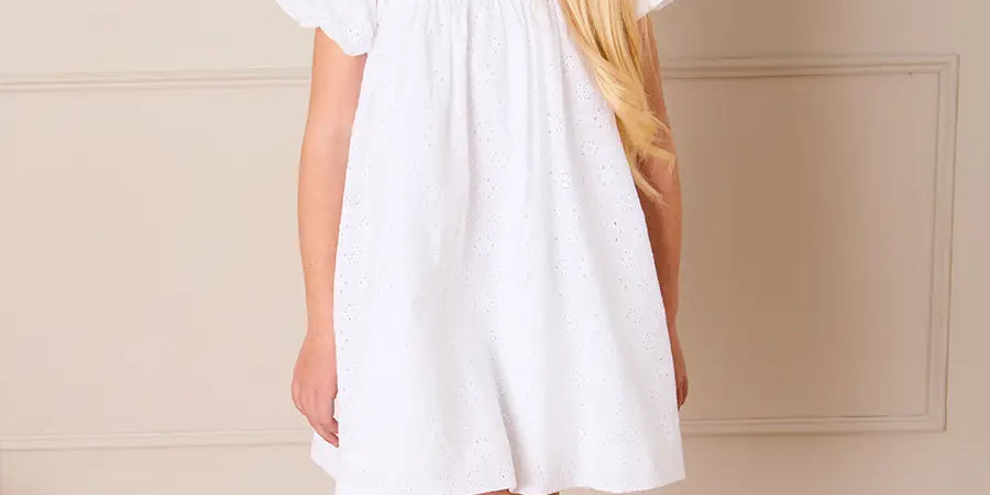 Flower Embroidered Broderie Anglaise Short Sleeve Dress in White (12mths-12yrs) DRESSES from Pepa London US