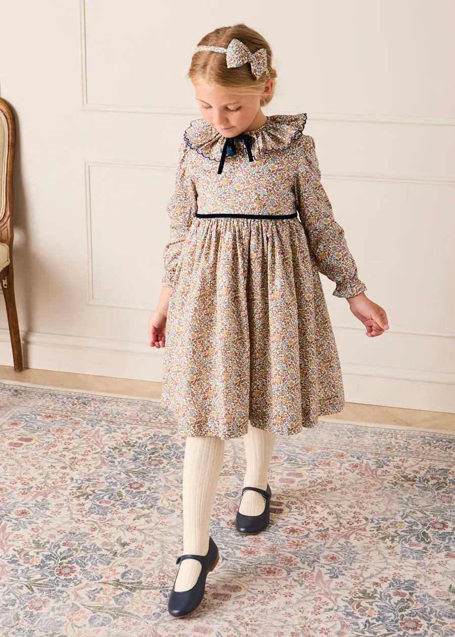 Marianne Floral Long Sleeve Velvet Bow Dress in Toffee Made with Liberty Fabric (2-12yrs) Dresses from Pepa London US