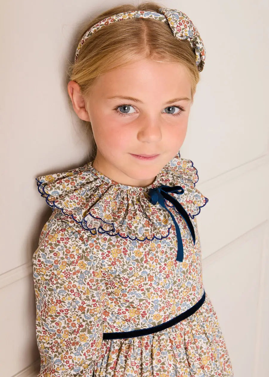 Marianne Floral Long Sleeve Velvet Bow Dress in Toffee Made with Liberty Fabric (2-12yrs) Dresses from Pepa London US
