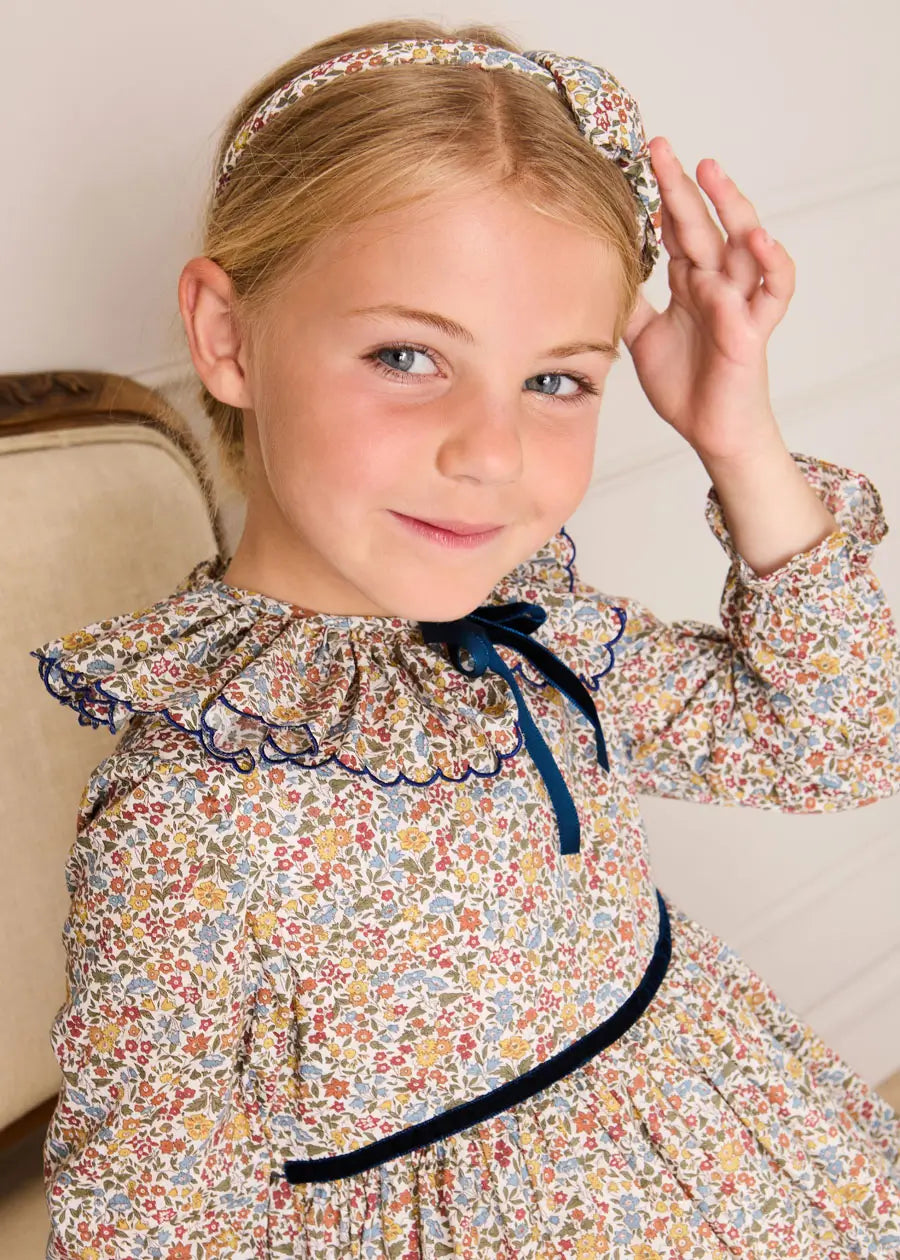 Marianne Floral Long Sleeve Velvet Bow Dress in Toffee Made with Liberty Fabric (2-12yrs) Dresses from Pepa London US
