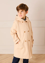 Double Breasted George Check Lined Rain Coat With Detachable Hood in Beige (2-10yrs) COATS from Pepa London US