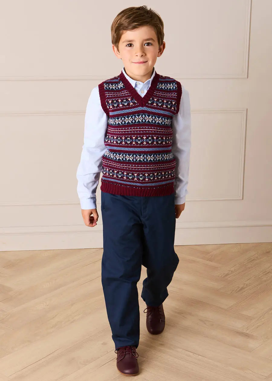 Jacquard Knit Sweater Vest in Burgundy (4-10yrs) Knitwear from Pepa London US