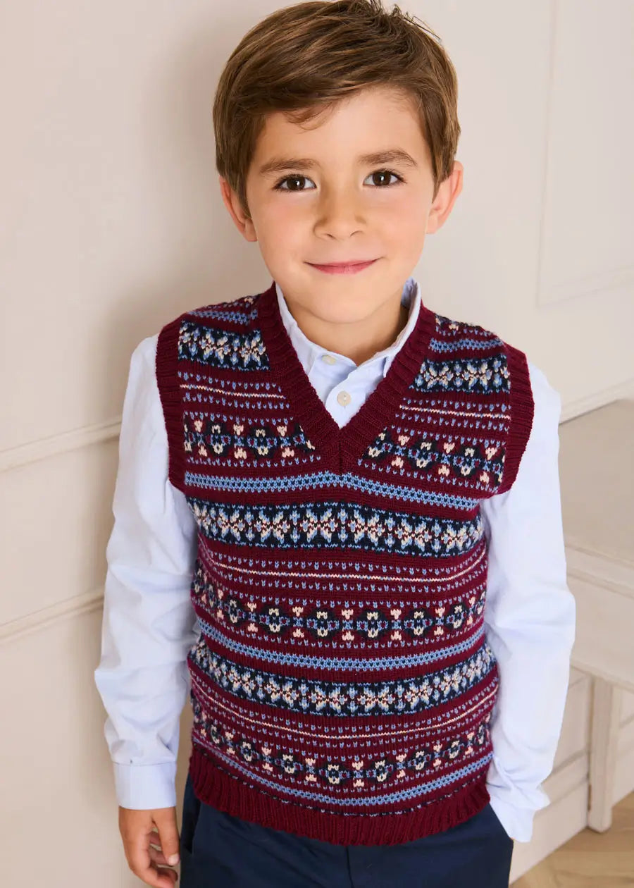 Jacquard Knit Sweater Vest in Burgundy (4-10yrs) Knitwear from Pepa London US