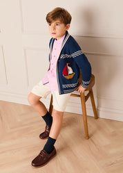 Boat Motif Knitted Cardigan in Navy (2- 10yrs) Knitwear from Pepa London