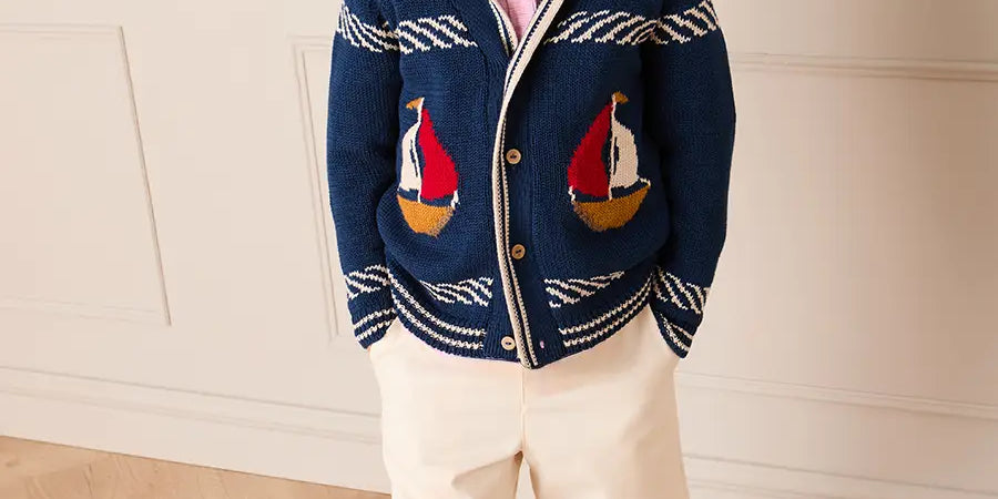 Boat Motif Knitted Cardigan in Navy (2- 10yrs) Knitwear from Pepa London