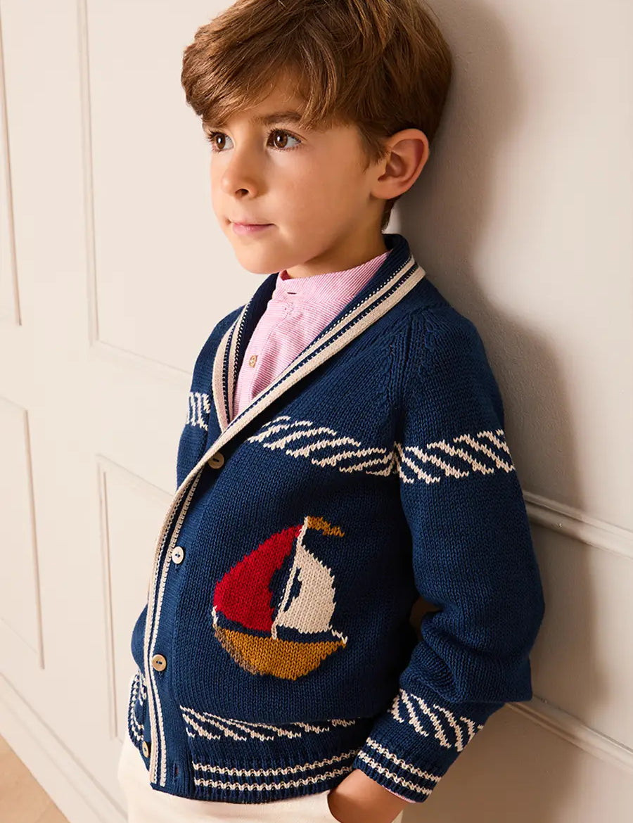 Boat Motif Knitted Cardigan in Navy (2- 10yrs) KNITWEAR from Pepa London US