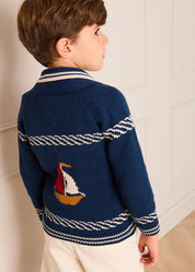 Boat Motif Knitted Cardigan in Navy (2- 10yrs) Knitwear from Pepa London