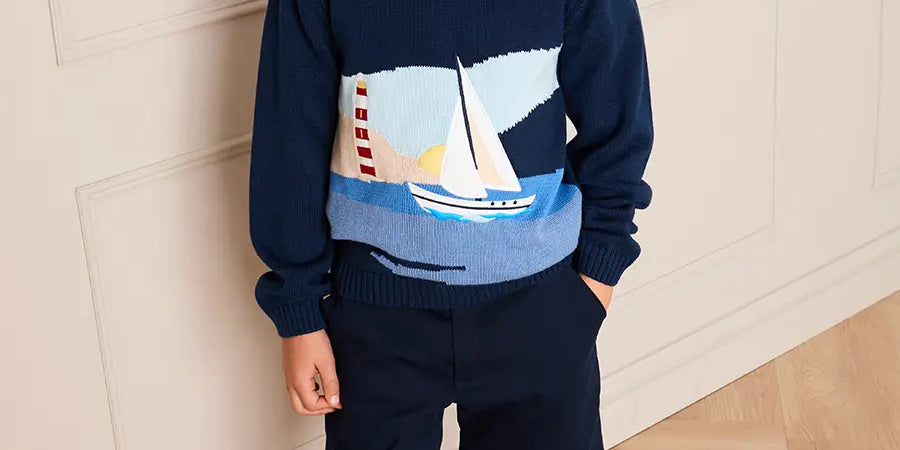 Seaside Postcard Knitted Jumper in Navy (18mths-6yrs) Knitwear from Pepa London US