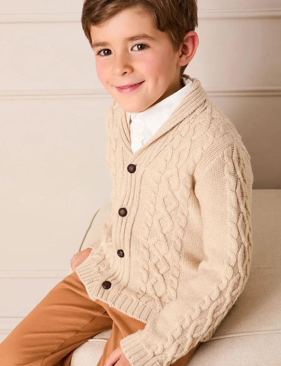 Cable Knit Shawl Neck Cardigan in Camel (2-10yrs) Knitwear from Pepa London US