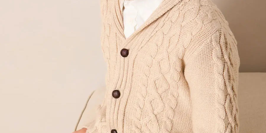 Cable Knit Shawl Neck Cardigan in Camel (2-10yrs) Knitwear from Pepa London US