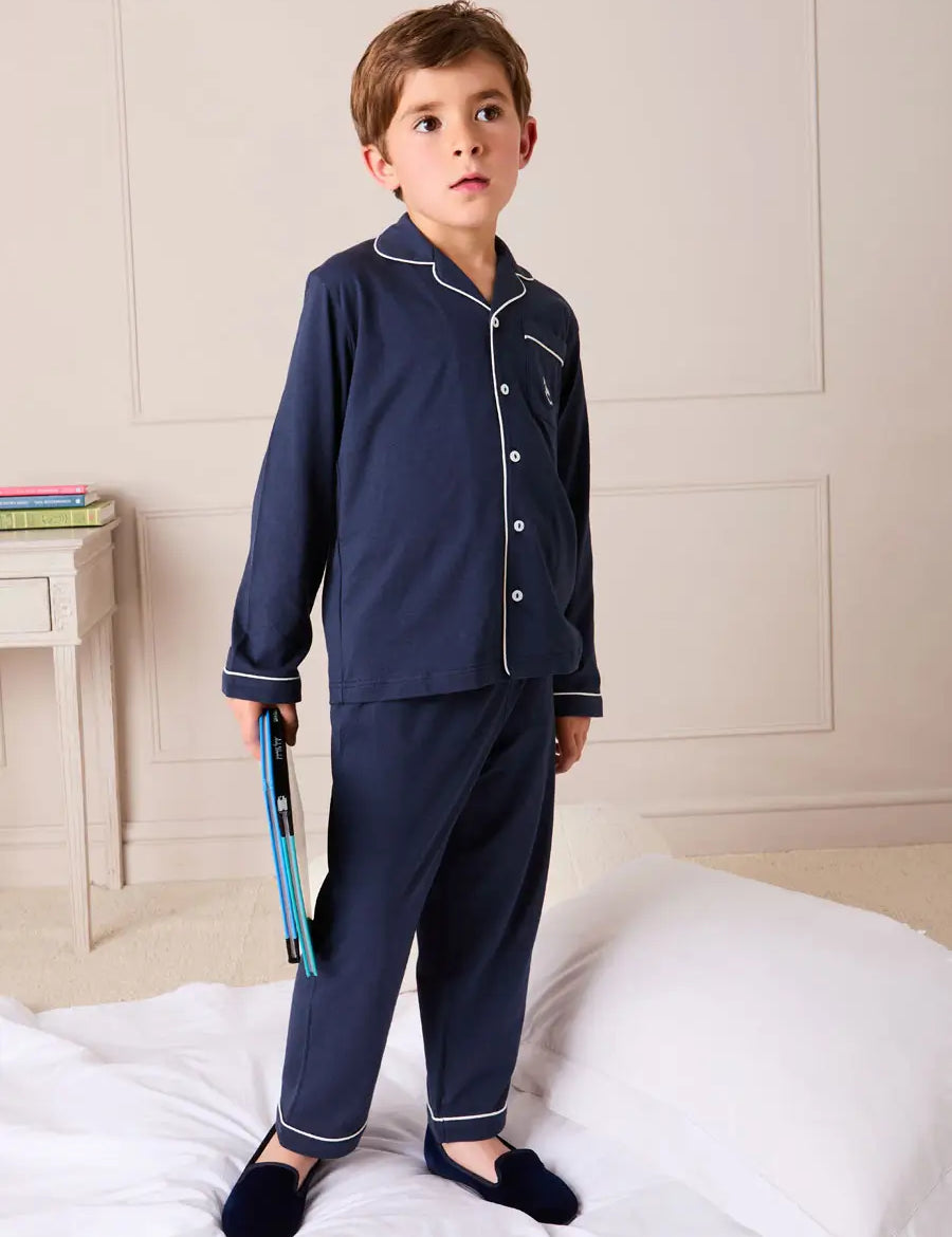 Rocking Horse Embroidered Pocket Detail Long Sleeve Pyjamas in Navy (18mths-10yrs) Nightwear from Pepa London US