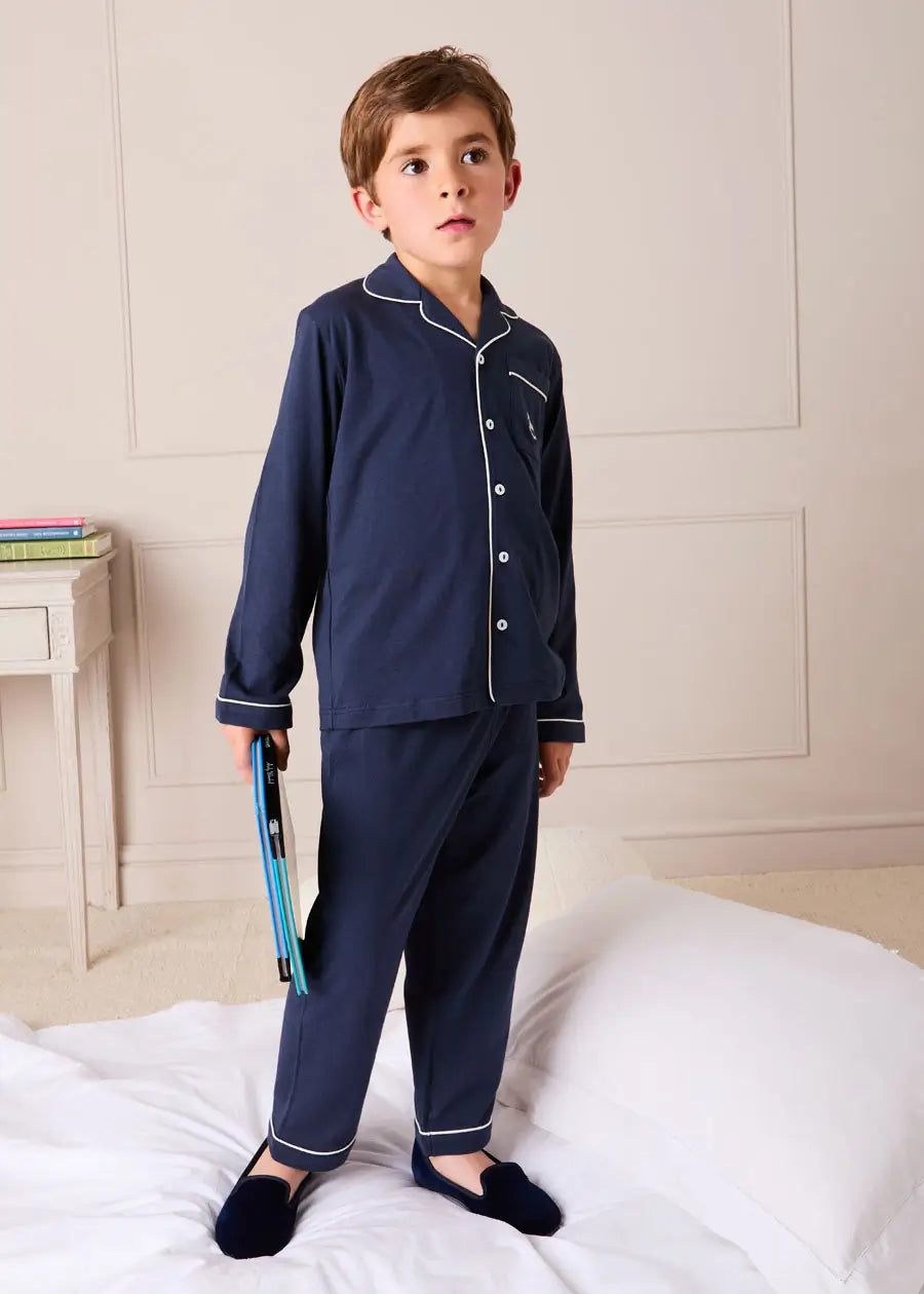 Rocking Horse Embroidered Pocket Detail Long Sleeve Pyjamas in Navy (18mths-10yrs) Nightwear from Pepa London US