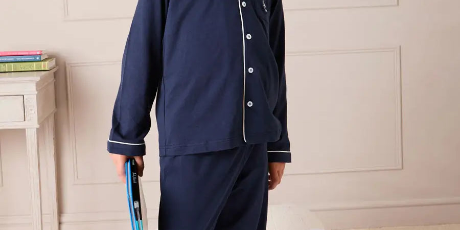 Rocking Horse Embroidered Pocket Detail Long Sleeve Pyjamas in Navy (18mths-10yrs) Nightwear from Pepa London US
