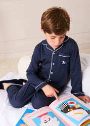 Rocking Horse Embroidered Pocket Detail Long Sleeve Pyjamas in Navy (18mths-10yrs) Nightwear from Pepa London US