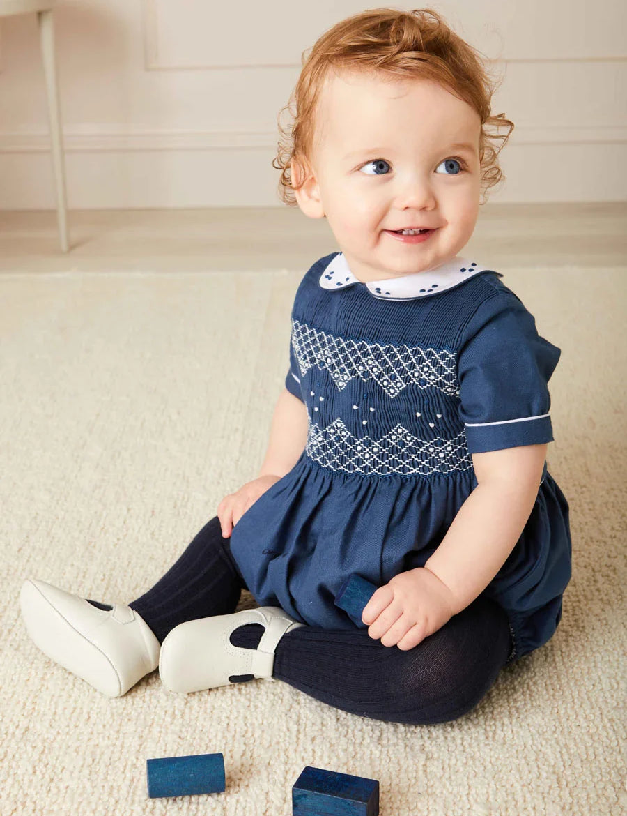 Hand Smocked Peter Pan Collar Short Sleeve Romper in Royal Blue (6mths-2yrs) Rompers from Pepa London US