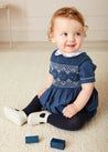 Handsmocked Peter Pan Collar Short Sleeve Romper in Royal Blue (6mths-2yrs) Rompers  from Pepa London US