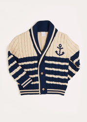 Anchor Motif Striped Cable Knit Cardigan in Navy (2-10yrs) Knitwear  from Pepa London US