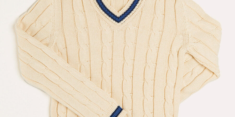 Cable Knit V-Neck Jumper in Cream (4-10yrs) Knitwear from Pepa London US