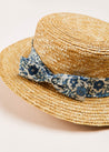 Daphne Floral Print Bow Detail Straw Hat in Blue (XS-M) Accessories  from Pepa London US