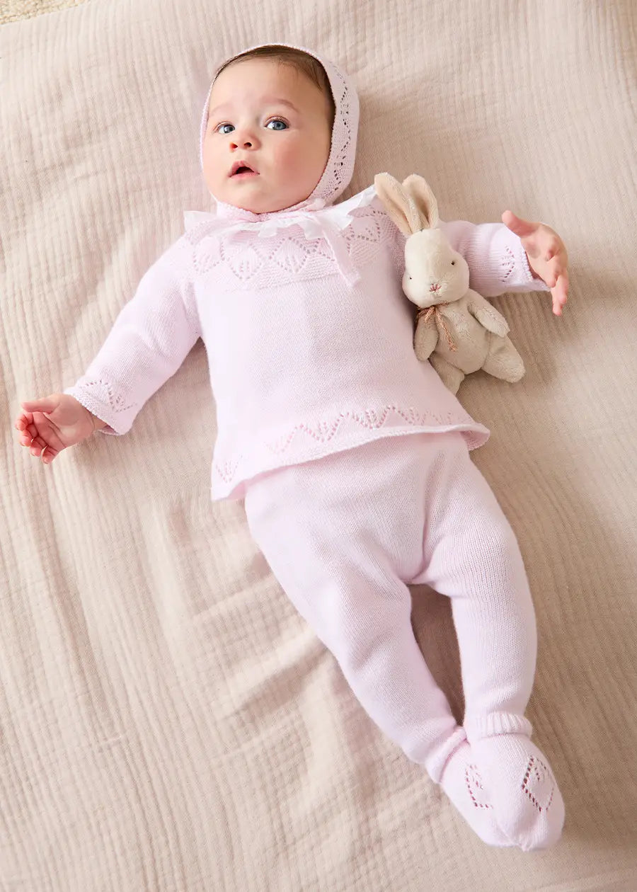 Diamond Openwork Three Piece Knitted Set in Baby Pink (1-9mths) Knitwear from Pepa London US