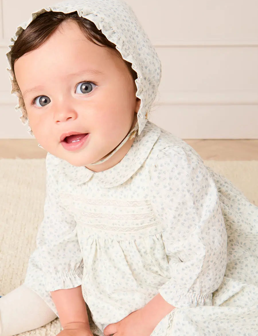 Betsy Floral Ruffle Detail Bonnet in Blue (S-M) Bonnets from Pepa London US
