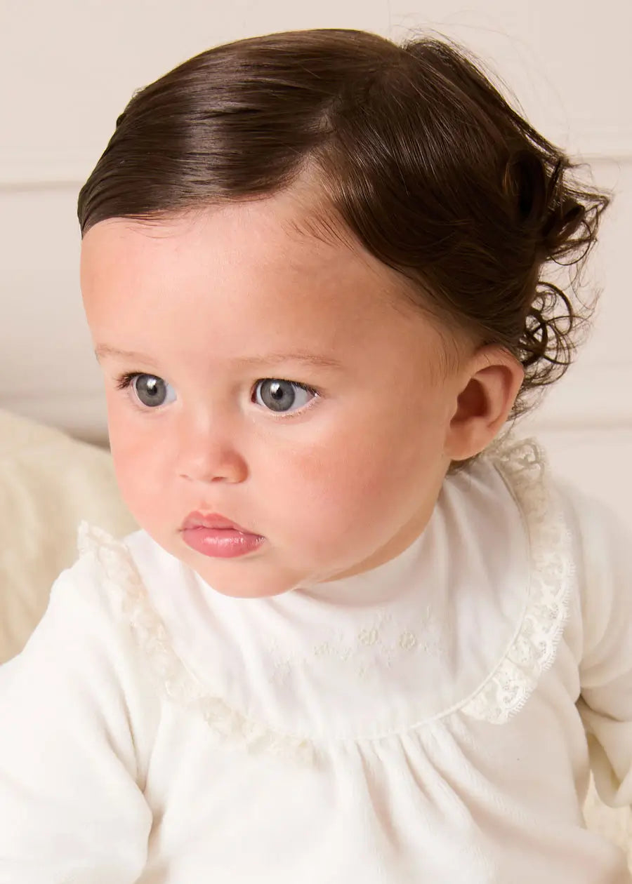 Floral Detail Embroidered Collar Velour All In One in Cream (1mth-12mths) #N/A from Pepa London US