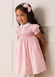 Nellie Floral Hand Smocked Embroidered Peter Pan Collar Dress in Pink (12mths-10yrs) Dresses from Pepa London US