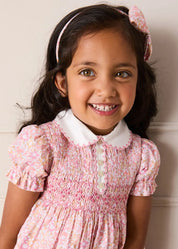 Nellie Floral Hand Smocked Embroidered Peter Pan Collar Dress in Pink (12mths-10yrs) Dresses from Pepa London US