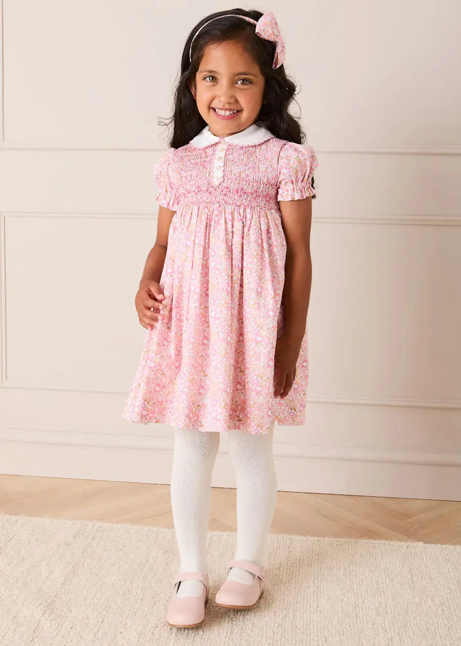 Nellie Floral Hand Smocked Embroidered Peter Pan Collar Dress in Pink (12mths-10yrs) Dresses from Pepa London US
