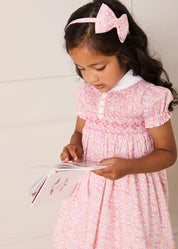 Nellie Floral Hand Smocked Embroidered Peter Pan Collar Dress in Pink (12mths-10yrs) Dresses from Pepa London US