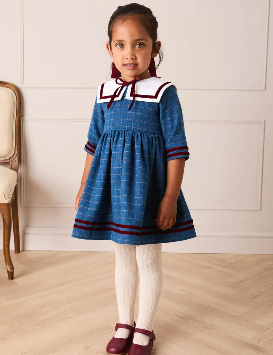 Moreton Check Mariner Collar Velvet Detail Dress in Blue (18mths-10yrs) Dresses from Pepa London US