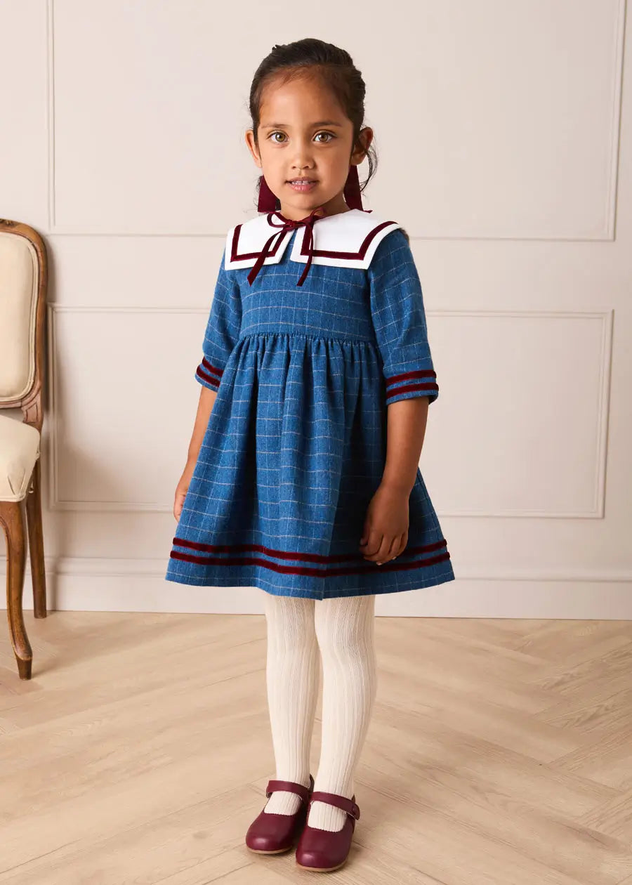Moreton Check Mariner Collar Velvet Detail Dress in Blue (18mths-10yrs) Dresses from Pepa London US
