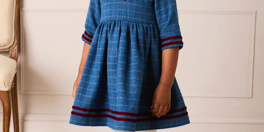 Moreton Check Mariner Collar Velvet Detail Dress in Blue (18mths-10yrs) Dresses from Pepa London US