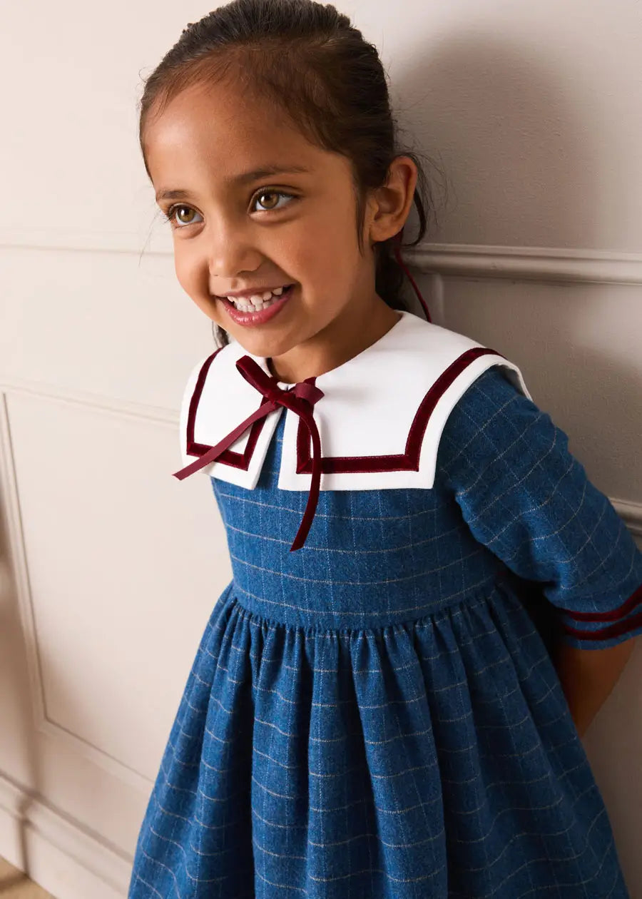 Moreton Check Mariner Collar Velvet Detail Dress in Blue (18mths-10yrs) Dresses from Pepa London US