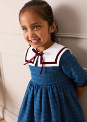Moreton Check Mariner Collar Velvet Detail Dress in Blue (18mths-10yrs) Dresses from Pepa London US