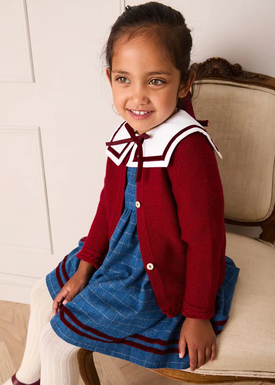Moreton Check Mariner Collar Velvet Detail Dress in Blue (18mths-10yrs) Dresses from Pepa London US