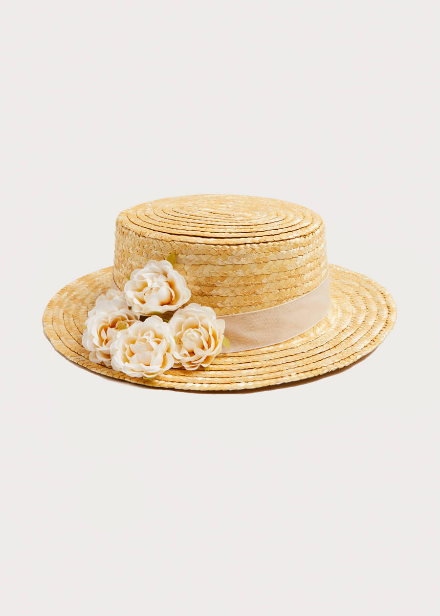 Faux Flower Straw Boater Hat With Ivory Flower (S-M) HAIR ACCESSORIES from Pepa London