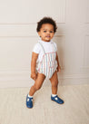 Striped Pocket Front Dungaree Romper in Red (3-18mths) Rompers from Pepa London US